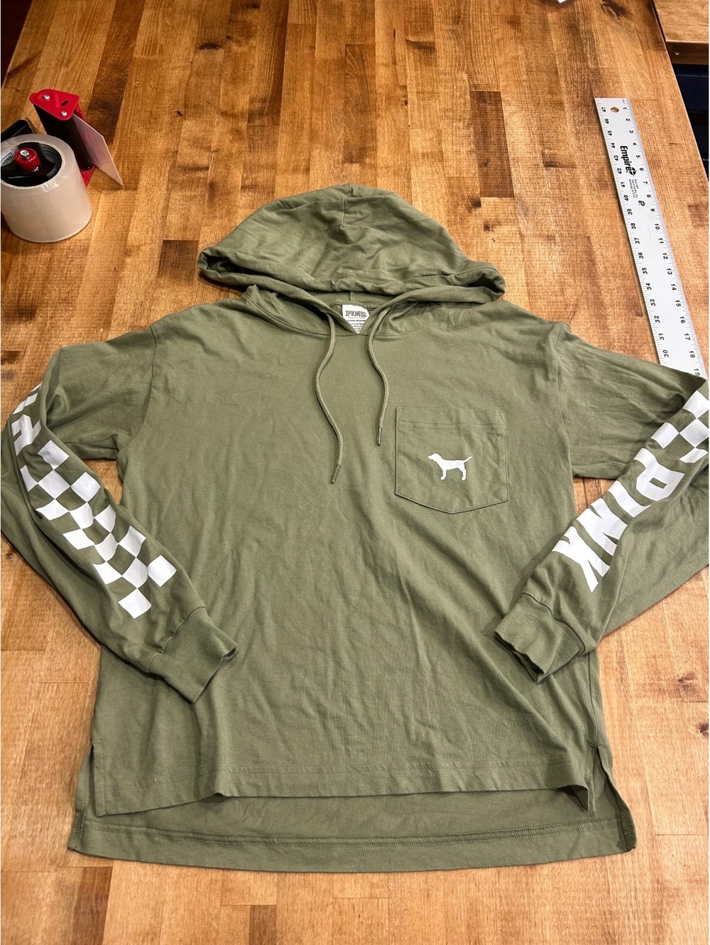 Victoria's Secret PINK Olive Green Hoodie with Checkerboard Sleeves